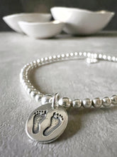 Load image into Gallery viewer, Sterling Silver Baby Footprints Charm Ball Bracelet