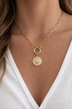 Load image into Gallery viewer, Multi crystal Sun disc pendant on a Paperclip Gold Plated Stainless Steel necklace