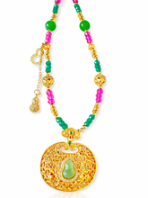 Load image into Gallery viewer, Beautifully intricate long beaded necklace - emerald and pink