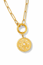 Load image into Gallery viewer, Multi crystal Sun disc pendant on a Paperclip Gold Plated Stainless Steel necklace