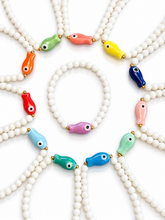 Load image into Gallery viewer, Ceramic Fish and White Glass Bracelet - 12 colours
