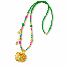 Load image into Gallery viewer, Beautifully intricate long beaded necklace - emerald and pink