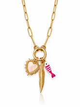 Load image into Gallery viewer, Heart, Feather and Stripy Fish Charm Necklace