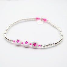 Load image into Gallery viewer, Neon Pink/White Star Silver Bead Bracelet