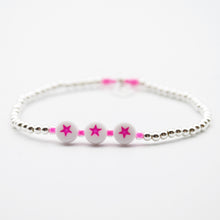 Load image into Gallery viewer, Neon Pink/White Star Silver Bead Bracelet