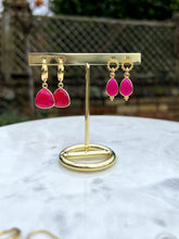 Load image into Gallery viewer, Fuchsia Chalcedony Trillion Gemstone hoop earrings