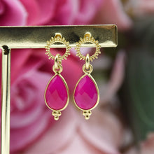 Load image into Gallery viewer, Fuchsia Chalcedony Teardrop Sunburst stud earrings