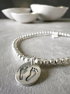 Sterling Silver Baby Footprints Charm Ball Bracelet
