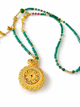 Load image into Gallery viewer, Beautifully intricate long beaded necklace - teal green and pink
