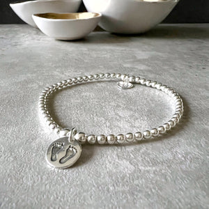 Sterling Silver Baby Footprints Charm Ball Bracelet