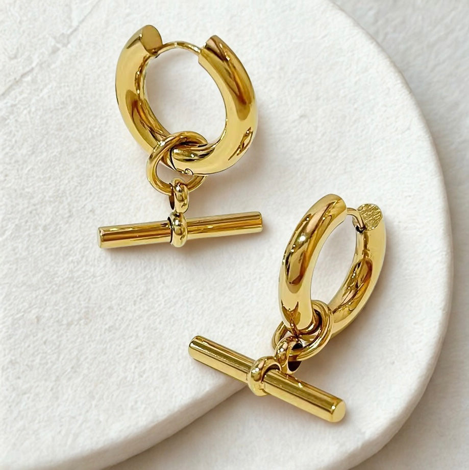 T Bar Chunky Stainless Steel Huggie Earrings