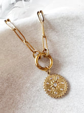Load image into Gallery viewer, Multi crystal Sun disc pendant on a Paperclip Gold Plated Stainless Steel necklace
