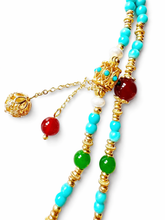 Load image into Gallery viewer, Beautifully intricate long beaded necklace - turquoise and gold
