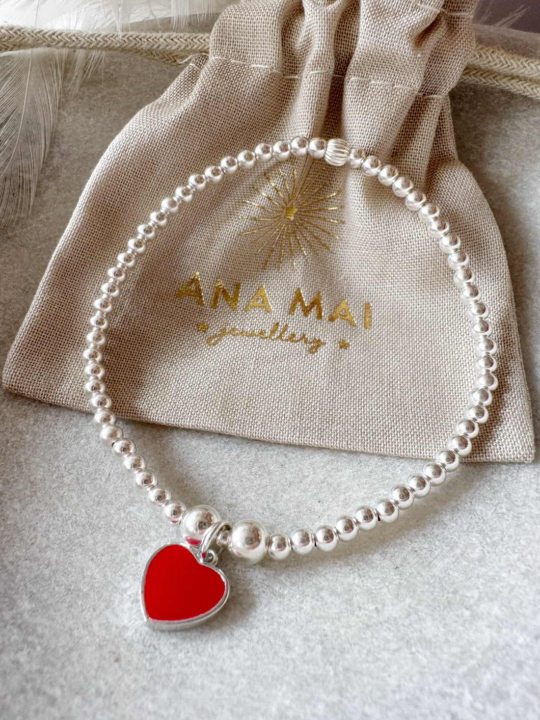 Red Enamel Heart Charm Bead bracelet