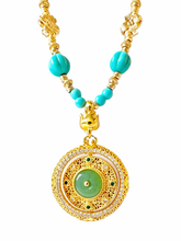 Load image into Gallery viewer, Beautifully intricate long beaded necklace - turquoise and gold
