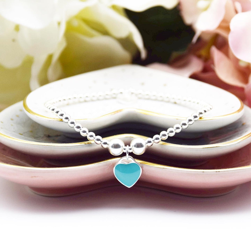 Turquoise Blue Enamel Heart Charm Beaded Bracelet
