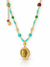 Load image into Gallery viewer, Beautifully intricate long beaded necklace - turquoise and gold

