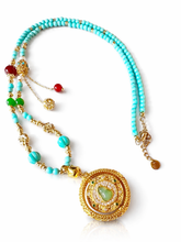 Load image into Gallery viewer, Beautifully intricate long beaded necklace - turquoise and gold
