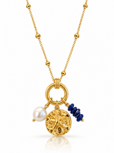 Load image into Gallery viewer, Sand Dollar, Freshwater Pearl and Lapis Lazuli Gold Plated Stainless Steel necklace
