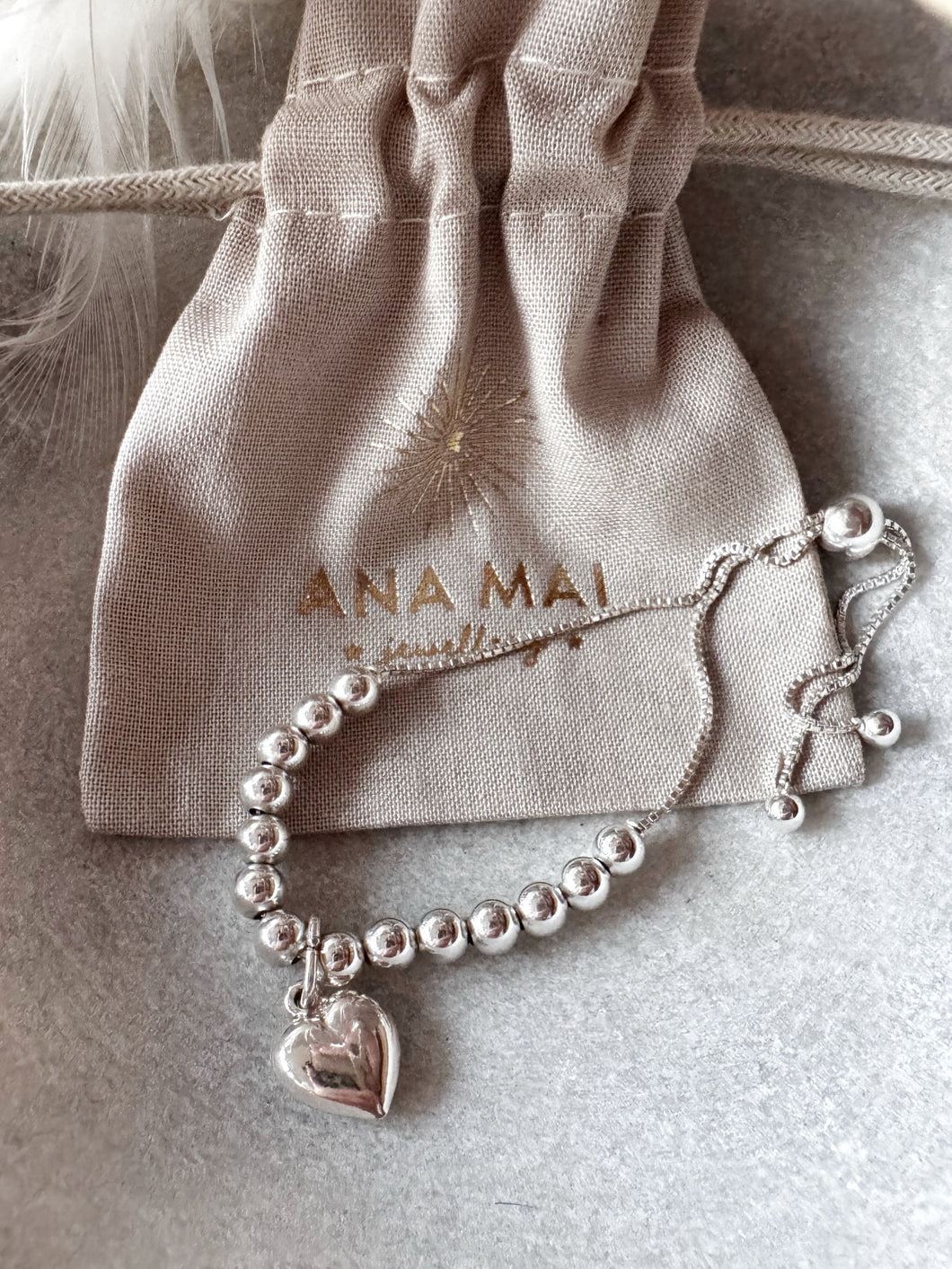 Sterling Silver Puff Heart on 4mm Ball Adjustable Slider Chain Bracelet