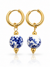 Load image into Gallery viewer, Floral ceramic bead charm Stainless Steel Huggie Hoop Earrings
