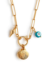 Load image into Gallery viewer, Shell, Evil Eye, Conch charms on a Stainless Steel Paperclip Necklace
