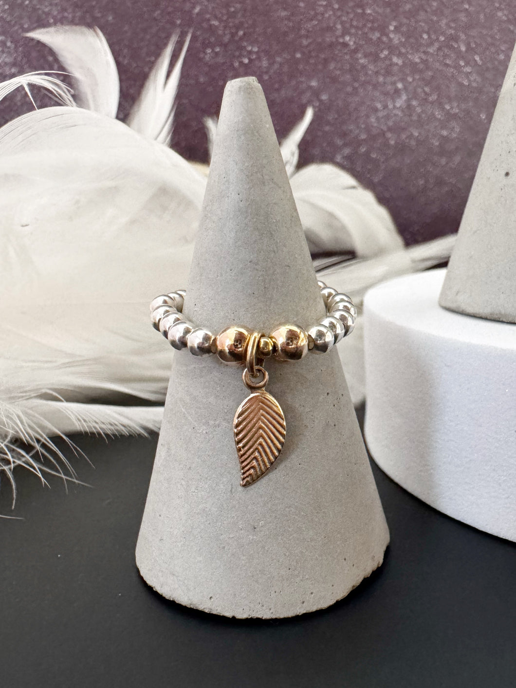 Leaf Charm Beaded Stretch Ring