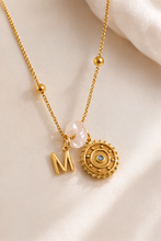 Load image into Gallery viewer, Sun Disc, Rose Quartz, Initial charms on a Stainless Steel Satellite Necklace
