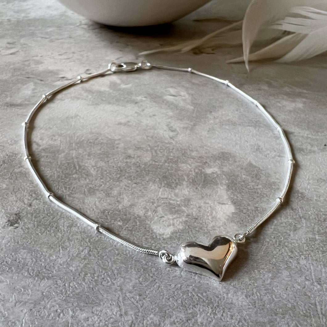 Sterling Silver Puff Heart Anklet