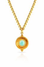 Load image into Gallery viewer, Gold Boho “Summer Vibes” Amazonite Round Sunburst Pendant Necklace
