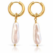 Load image into Gallery viewer, Long Freshwater Pearl Stainless Steel Huggie Hoop Earrings
