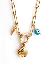 Load image into Gallery viewer, Shell, Evil Eye, Conch charms on a Stainless Steel Paperclip Necklace

