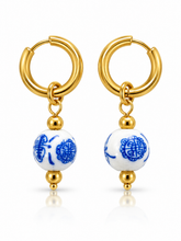 Load image into Gallery viewer, Floral ceramic bead charm Stainless Steel Huggie Hoop Earrings
