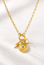 Load image into Gallery viewer, Evil Eye, Bolt and Heart charms on a Stainless Steel Paperclip Necklace
