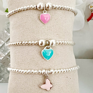 Turquoise Blue Enamel Heart Charm Beaded Bracelet
