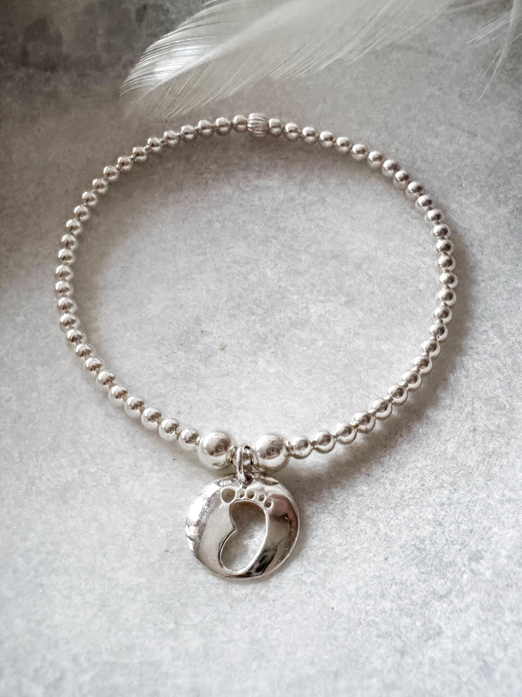 Sterling Silver Baby Footprints Charm Ball Bracelet