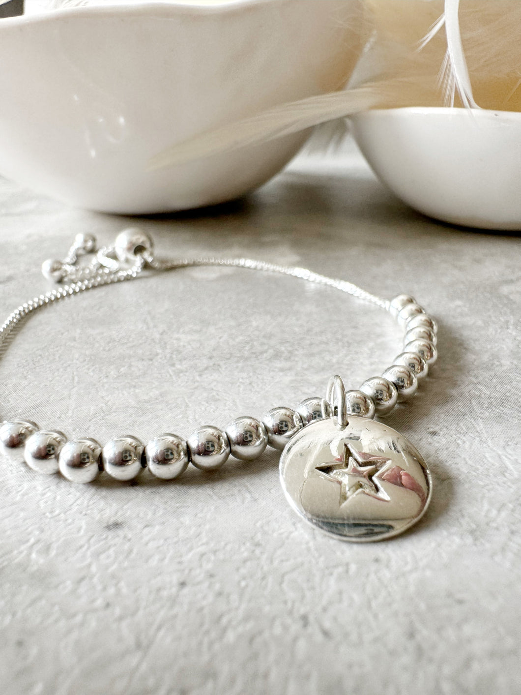Sterling Silver Etched Star Disc on 4mm Ball Adjustable Slider Chain Bracelet