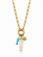 Load image into Gallery viewer, Freshwater Biwa stick pearl, stripy fish and blue crystal star charm paperclip necklace

