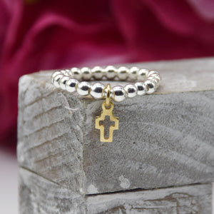 Open Cross Charm Beaded Stretch Ring