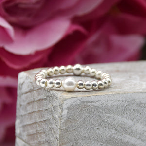 White Glass Pearl Beaded Stretch Ring