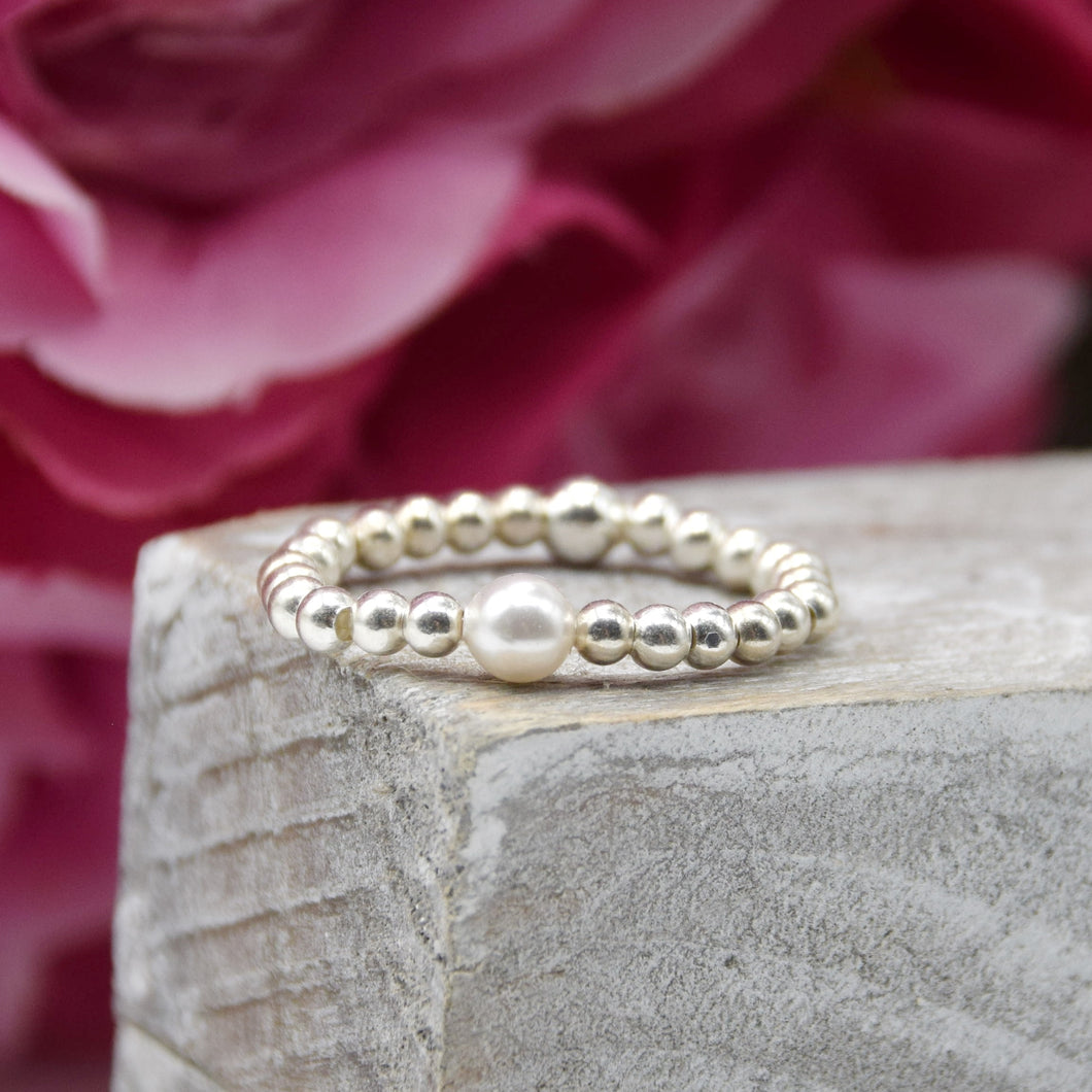White Glass Pearl Beaded Stretch Ring