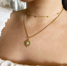 Load image into Gallery viewer, Gold Boho “Summer Vibes” Amazonite Round Sunburst Pendant Necklace
