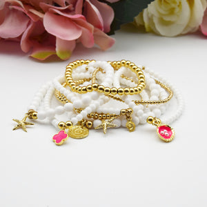 Gold Disc Charm White Bead Bracelet