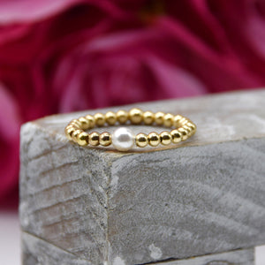 White Glass Pearl Beaded Stretch Ring