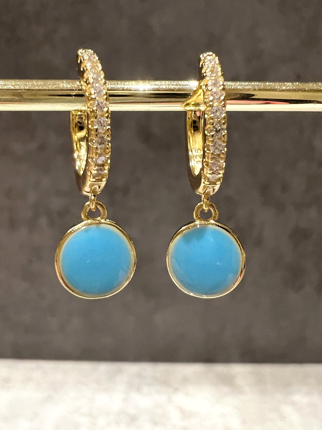 Turquoise Blue Round Enamel Charm CZ huggie hoop earrings