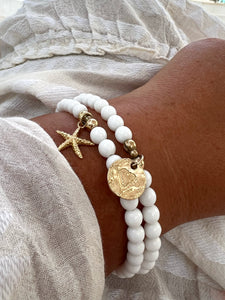 Gold Disc Charm White Bead Bracelet