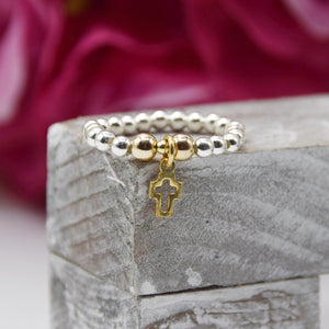 Open Cross Charm Beaded Stretch Ring