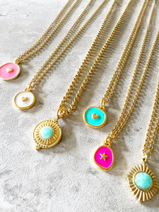 Gold Boho “Summer Vibes” Amazonite Round Sunburst Pendant Necklace