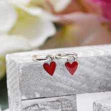 Load image into Gallery viewer, Red Enamel heart huggie hoop earrings
