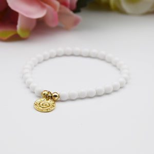 Gold Disc Charm White Bead Bracelet